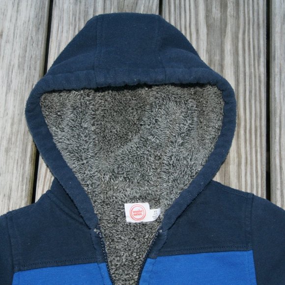 FUZZY SHERPA Zipper Hoodie Boy 4/5 Warm Bright Blue & Navy Light Jacket Layering - Picture 2 of 16